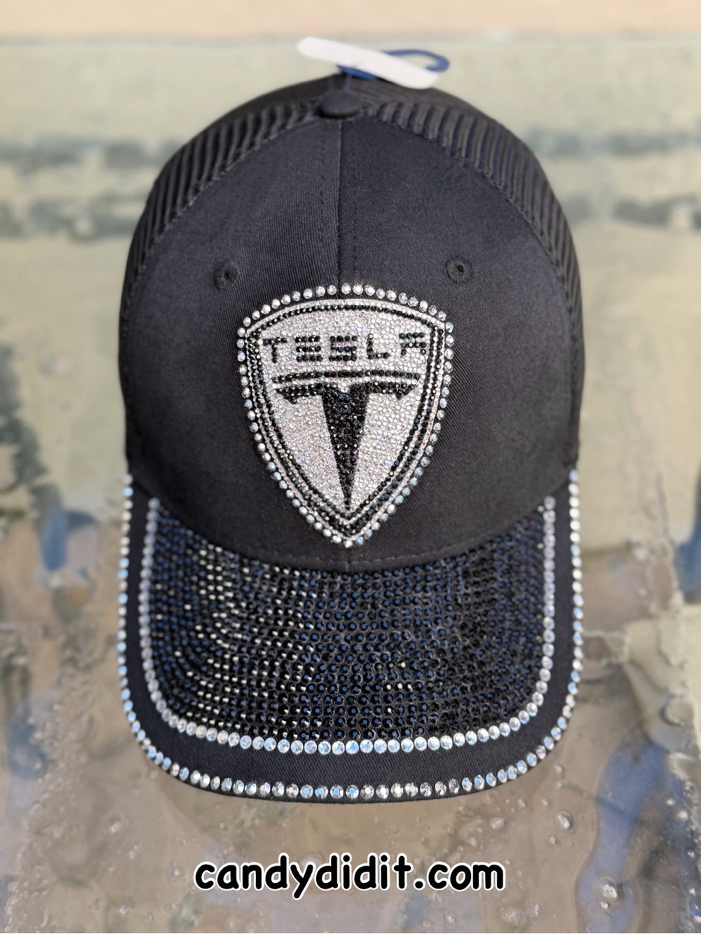NWT Handmade Black Ball Cap With Crystal Tesla Logo